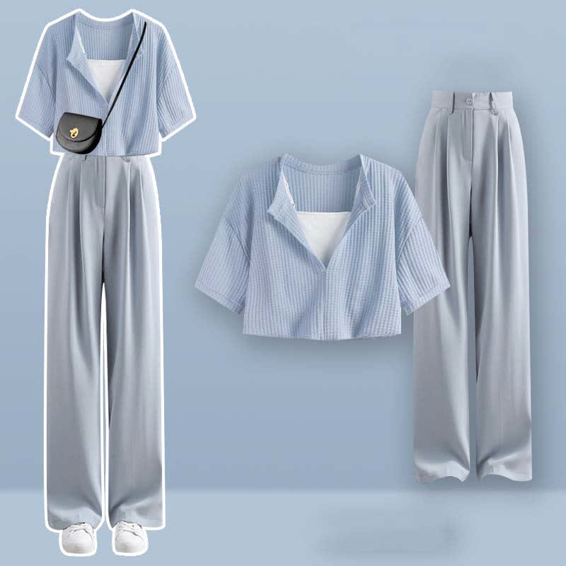 フェイクツーピース クロップトップ Tシャツ カジュアルパンツ ツーピースセット - Set A - XL - image 1