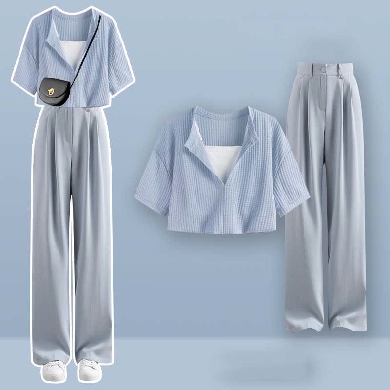 フェイクツーピース クロップトップ Tシャツ カジュアルパンツ ツーピースセット - Set A - XL - image 1