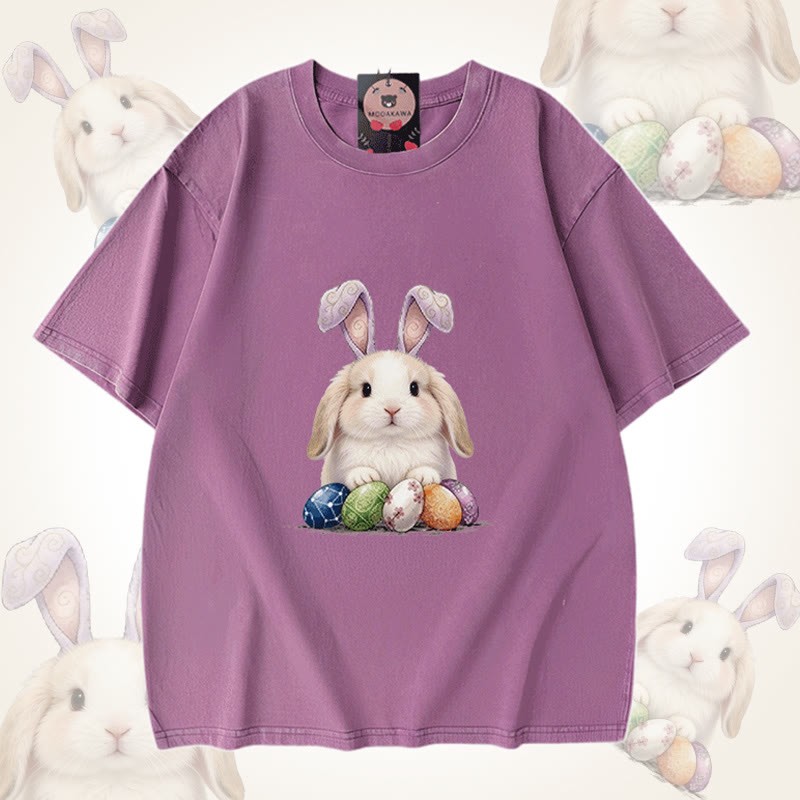 イースターエッグバニーグラフィックModakawaユニセックス ヴィンテージウォッシュドTシャツ - Purple - 5XL - image 7