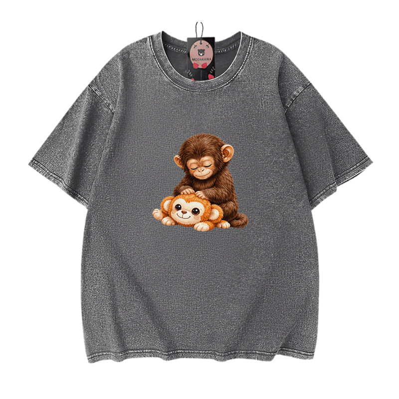 PUNCH モンキーグラフィックModakawaヴィンテージウォッシュ加工100%綿Tシャツ - Grey - 5XL - image 10