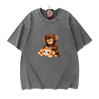 PUNCH モンキーグラフィックModakawaヴィンテージウォッシュ加工100%綿Tシャツ - Grey - 5XL - image 10