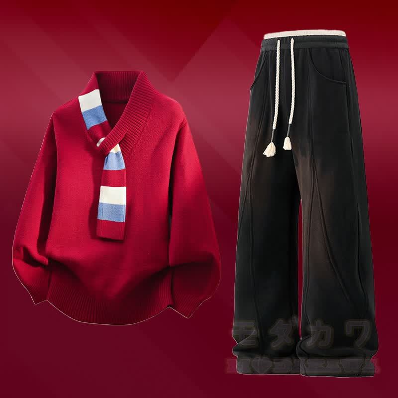 Vネックストライプニットセーターカラーブロック フリース裏地パンツ ツーピース - セットC - 4XL - image 3