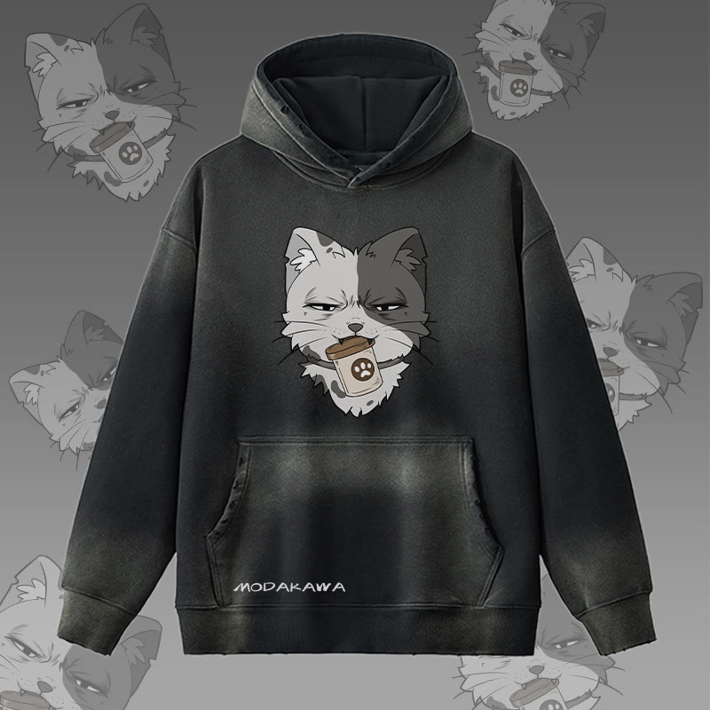 MODAKAWA 缶を持った猫のグラフィック ヴィンテージウォッシュ加工裏起毛パーカー - Black - 2XL - image 2