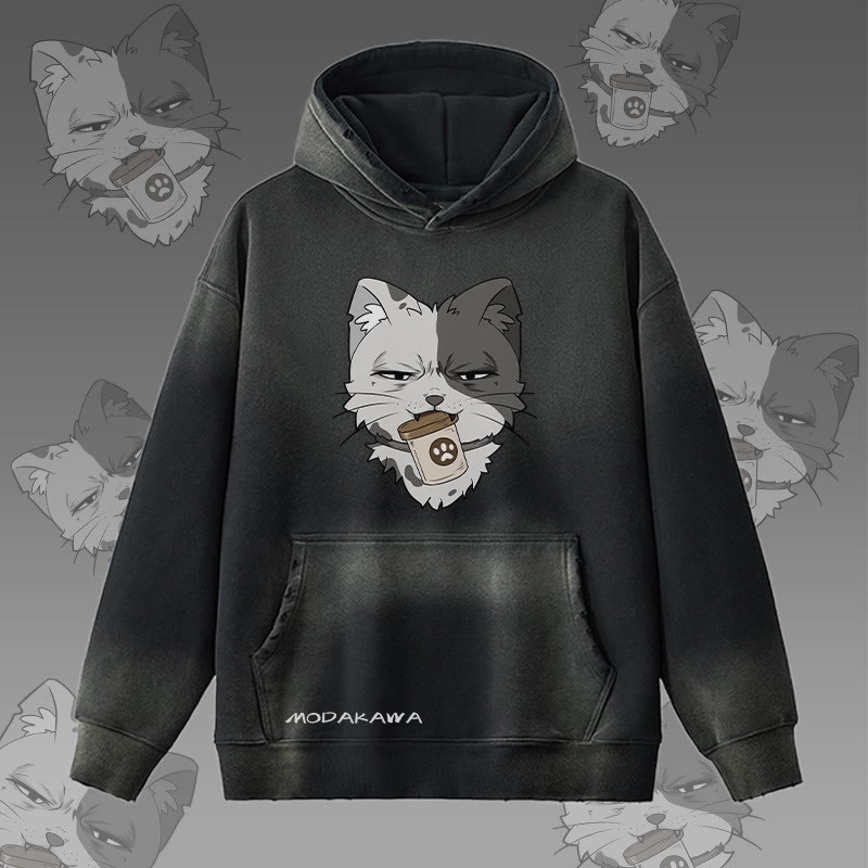 MODAKAWA 缶を持った猫のグラフィック ヴィンテージウォッシュ加工裏起毛パーカー - Black - 2XL - image 2