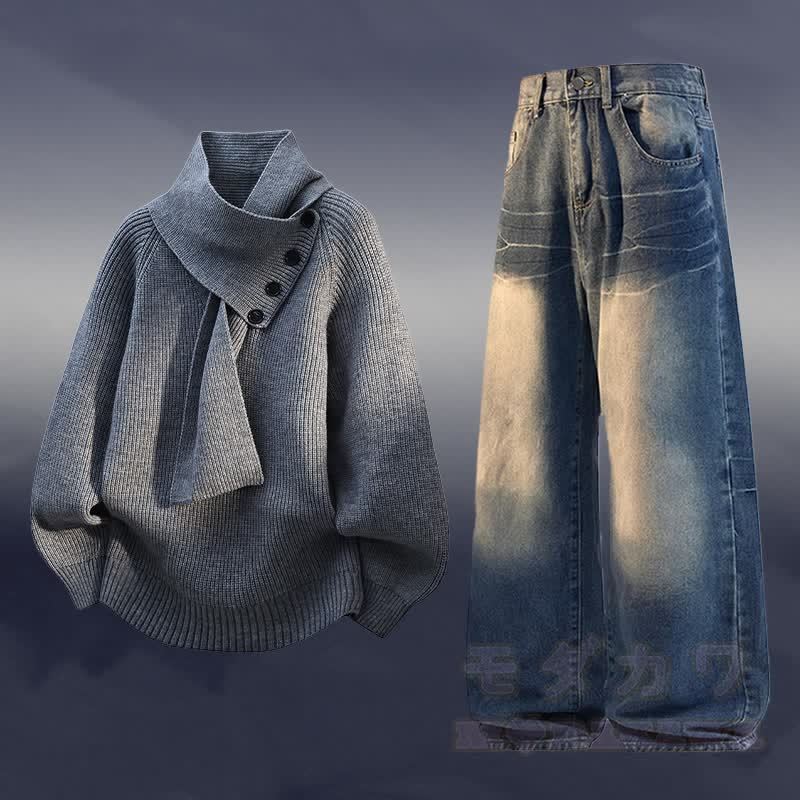 ニットフリース裏地セーターデニムパンツツーピース - セットC - 3XL - image 3