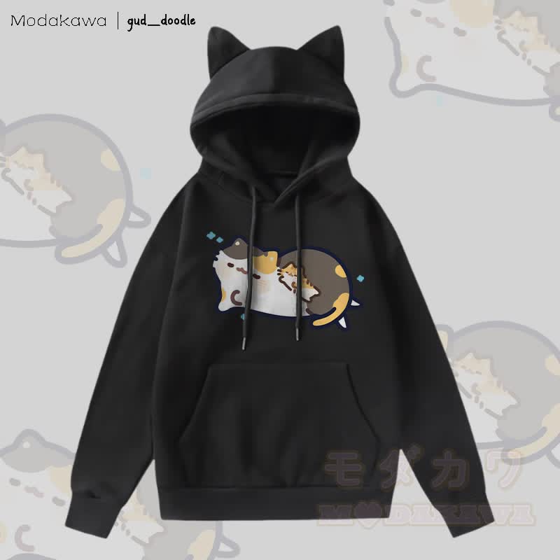 MODAKAWA x gud_doodleスリーピングキティ グラフィックポケット 裏起毛 猫耳付きパーカー - 黒 - 2XL - image 4