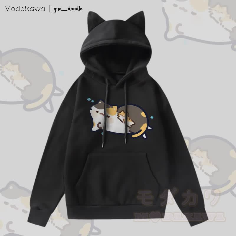 MODAKAWA x gud_doodleスリーピングキティ グラフィックポケット 裏起毛 猫耳付きパーカー - 黒 - 2XL - image 4