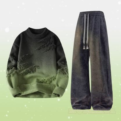 グラデーションニット リップドセーター フリース裏地パンツ ツーピース - セットE - 4XL - image 5