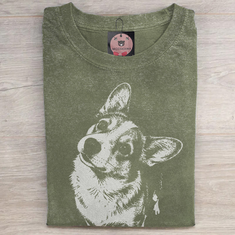 MODAKAWA コーギー グラフィック ユニセックス ヴィンテージ ウォッシュ加工 Tシャツ - Green - 5XL - image 3