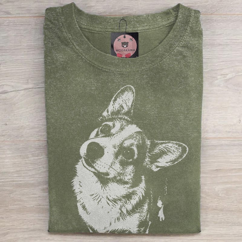 MODAKAWA コーギー グラフィック ユニセックス ヴィンテージ ウォッシュ加工 Tシャツ - Green - 5XL - image 3