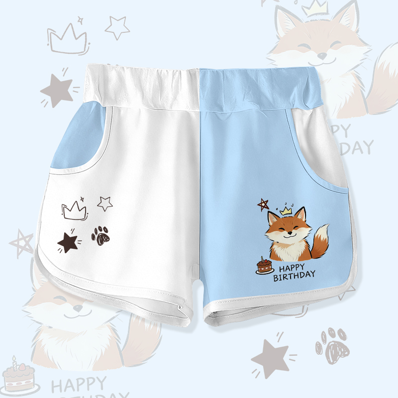HAPPYバースデー かわいいキツネのケーキ グラフィックModakawaカラーブロック ショートパンツ - White & Blue - 5XL - image 2