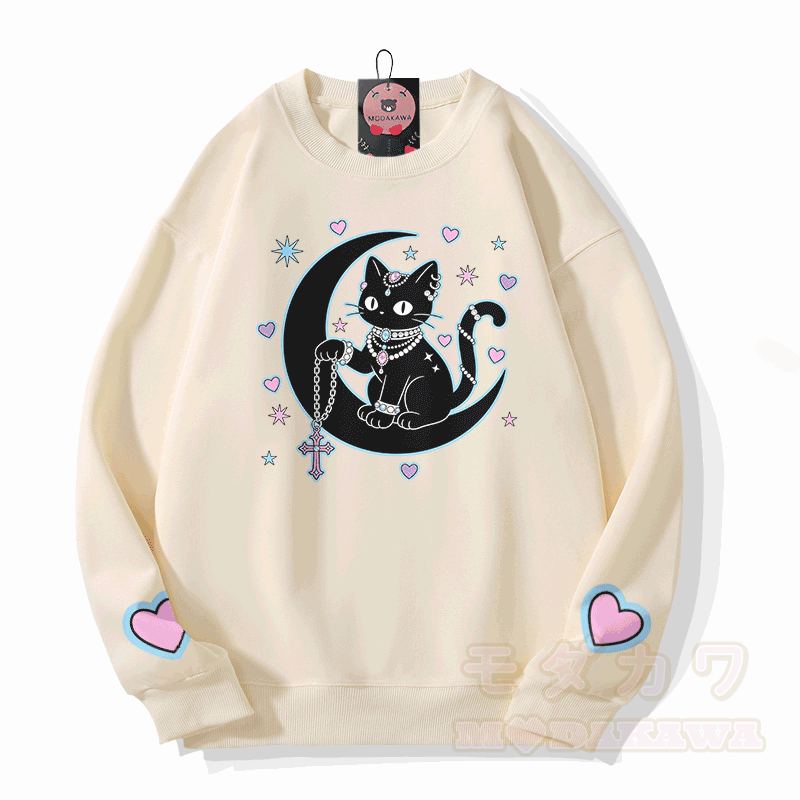 占星術黒猫グラフィックModakawaスウェットシャツ - ベージュ - 5XL - image 3