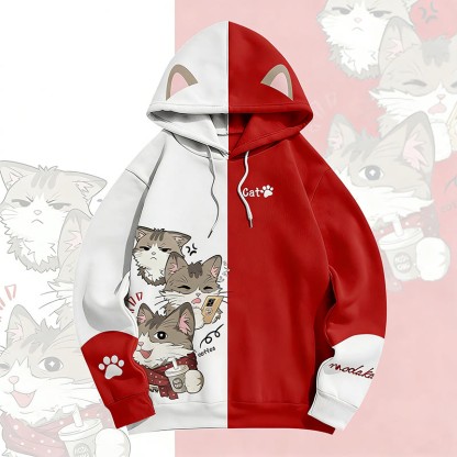 MODAKAWA 遊び心のある猫のグラフィック オールオーバープリント プルオーバーパーカー - Red - 6XL - image 5