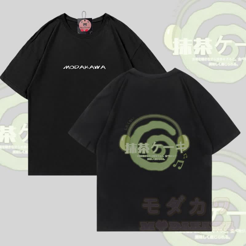 抹茶ヘッドフォングラフィックModakawa綿Tシャツ - 黒 - 5XL - image 4