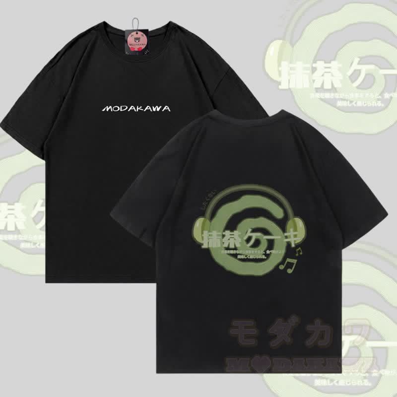 抹茶ヘッドフォングラフィックModakawa綿Tシャツ - 黒 - 5XL - image 4