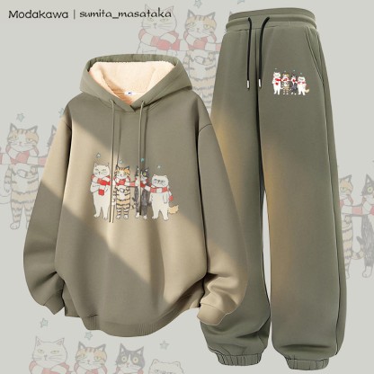 MODAKAWA X sumita_masataka スカーフシェアリングキャッツグラフィック 厚手裏起毛パーカーパンツ 2点セット - Green - 5XL - image 4