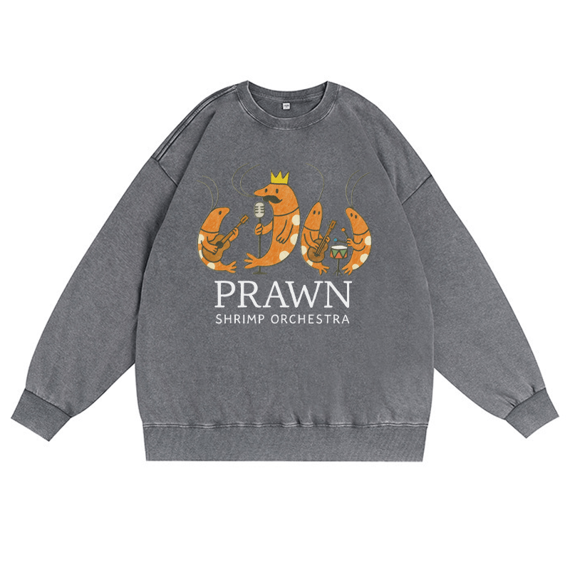 PRAWN SHRIMP ORCHESTRA ユニセックス ヴィンテージウォッシュドスウェットシャツ バンドグラフィック クルーネックプルオーバー - グレー - 3XL - image 4