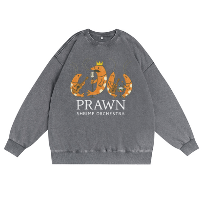 PRAWN SHRIMP ORCHESTRA ユニセックス ヴィンテージウォッシュドスウェットシャツ バンドグラフィック クルーネックプルオーバー - グレー - 3XL - image 4