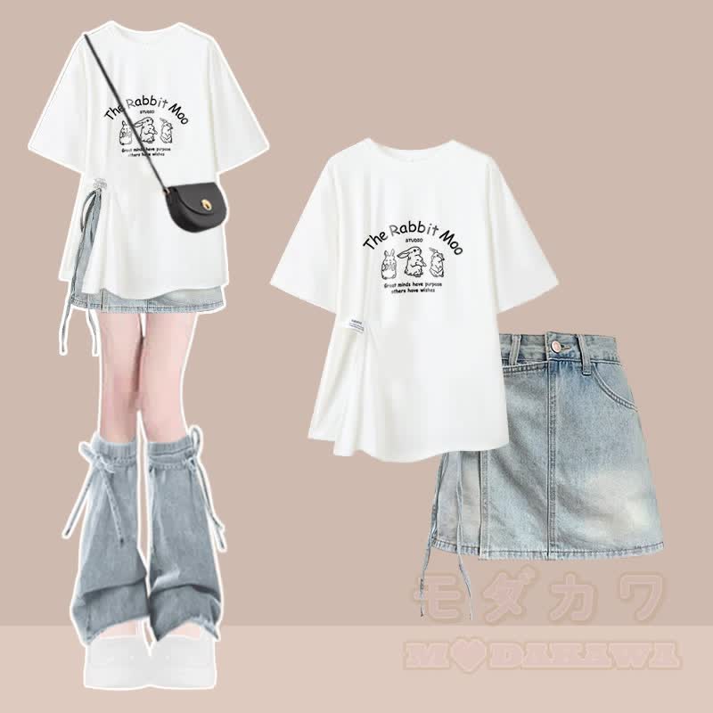 イレギュラーTシャツとデニムショートパンツのマッチングコーデ - 2ピースセットD - XL - image 4