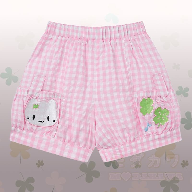 フロックキャットグラフィックラグランTシャツ、キティギンガムショーツ、Modakawaお揃いコーデ - ピンクのショートパンツ - L - image 8