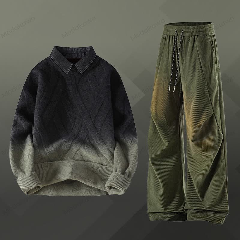 フェイクレイヤードニットセーター コーデュロイパンツ ツーピース - セットK - 3XL - image 11