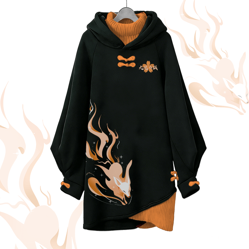 走る九尾の狐グラフィックModakawaバックル ヴィンテージ フード付きスウェットシャツドレス - Orange - 3XL - image 2