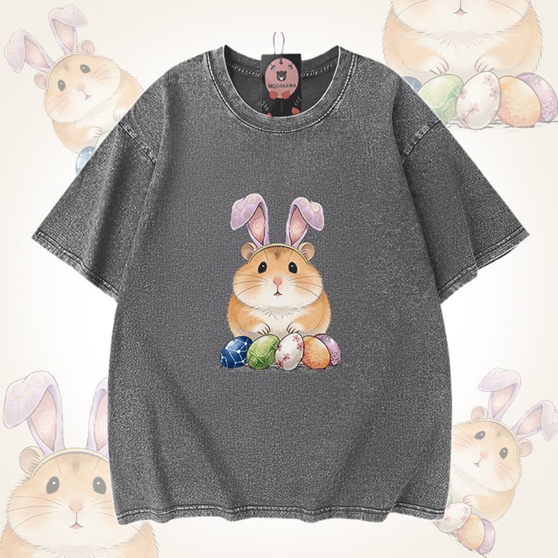イースターエッグハムスターグラフィックModakawaユニセックス ヴィンテージウォッシュドTシャツ - Grey - 5XL - image 6