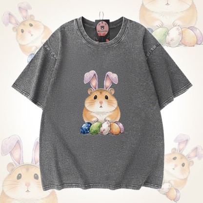 イースターエッグハムスターグラフィックModakawaユニセックス ヴィンテージウォッシュドTシャツ - Grey - 5XL - image 6