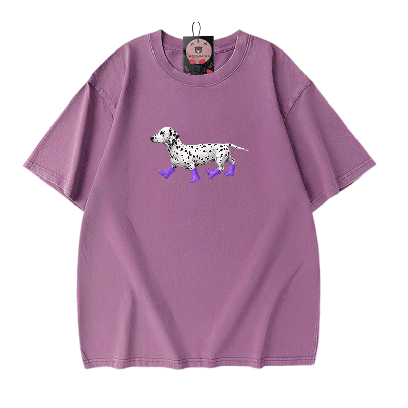 ダルメシアン柄Modakawaユニセックス ヴィンテージウォッシュドTシャツ - Purple - 5XL - image 8