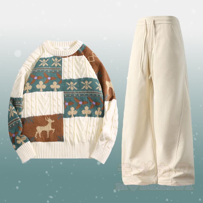 カラーブロックフリース裏地セーターコーデュロイパンツツーピース - セットC - 2XL - image 3