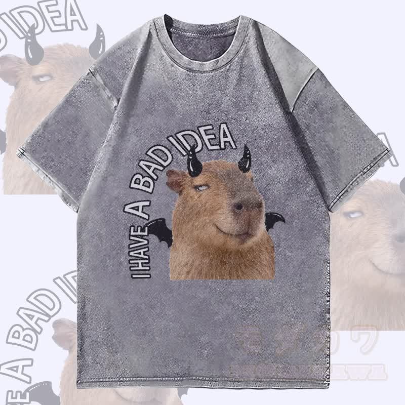 MODAKAWA I HAVE A BAD IDEA デビルカピバラ グラフィック ユニセックス ヴィンテージ ウォッシュド Tシャツ - グレー - 4XL - image 3