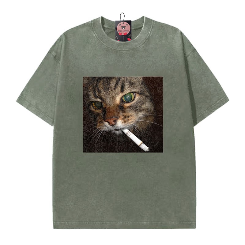 スモーキングキャットグラフィック ユニセックス ヴィンテージ ウォッシュドTシャツ - Green - 5XL - image 5