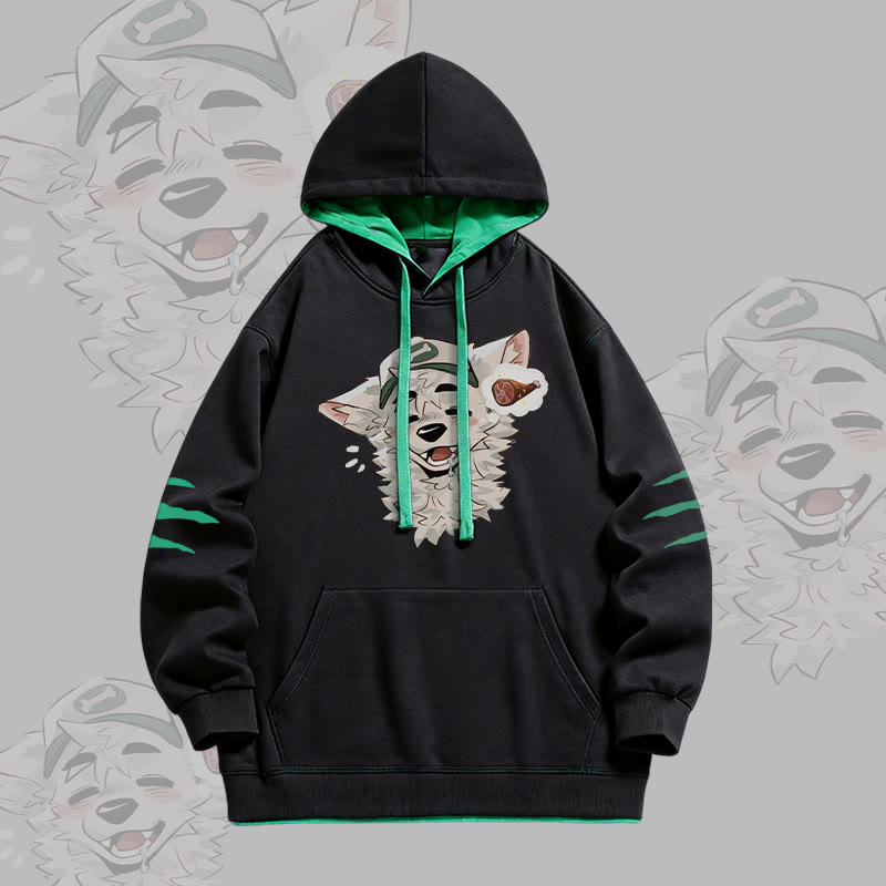 MODAKAWA X atka Fox Wants Meat Graphic Oversized Contrast Lining Pullover Hoodie - Black - 4XL - image 3