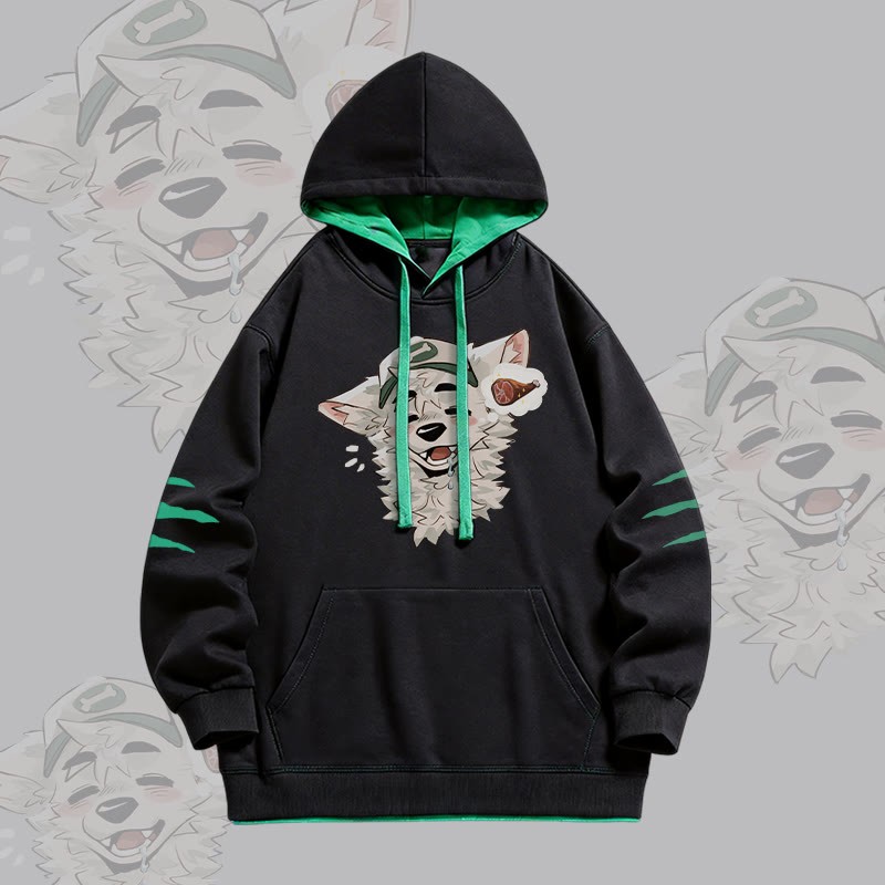 MODAKAWA X atka Fox Wants Meat Graphic Oversized Contrast Lining Pullover Hoodie - Black - 4XL - image 3