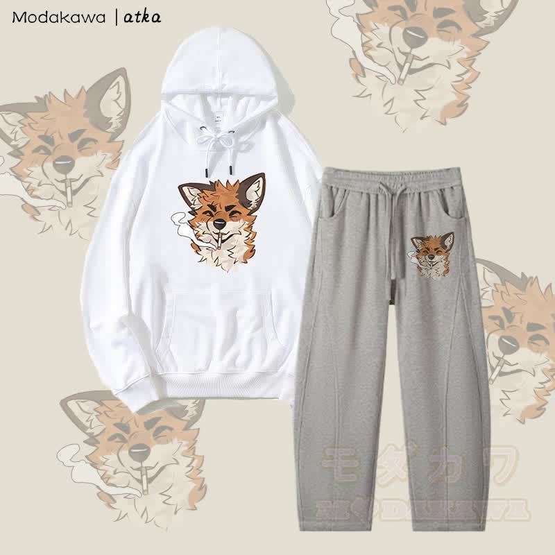 MODAKAWA X atka Fox スモーキンググラフィックパーカー メンズ ドローストリングパンツ 2ピースセット - ホワイト＆ヘザーグレー - 4XL - image 5