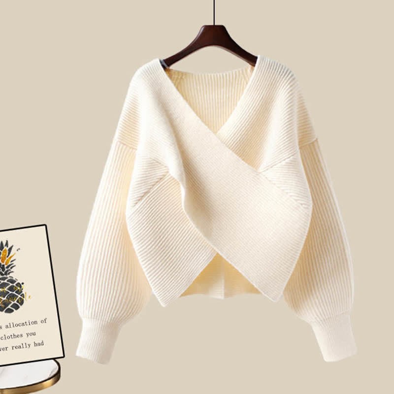 クロスニットセーターのフリル付きスリップドレスのマッチングアウトフィット - Apricot Sweater - XL - image 7