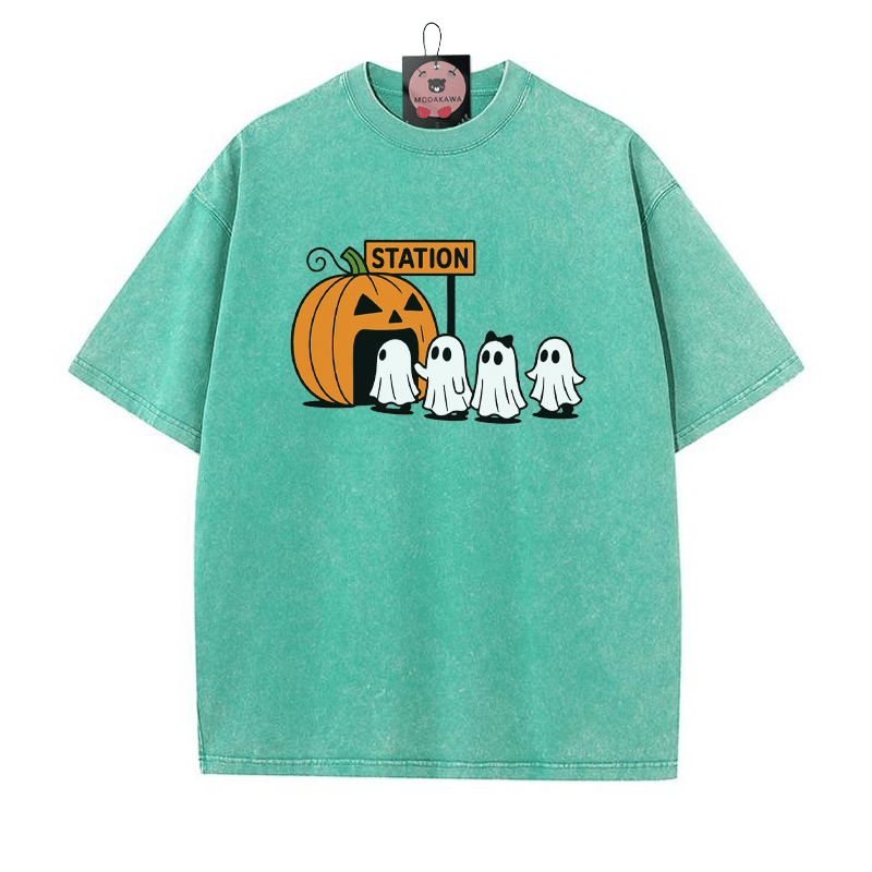 パンプキンゴーストプリント ヴィンテージウォッシュTシャツ - 緑 - 5XL - image 4