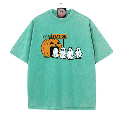 パンプキンゴーストプリント ヴィンテージウォッシュTシャツ - 緑 - 5XL - image 4
