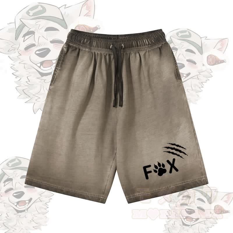 キツネの足跡グラフィック入りModakawa 100%綿グラデーション ヴィンテージウォッシュ加工 ダメージ加工 ショートパンツ - オリーブグリーン - 5XL - image 3