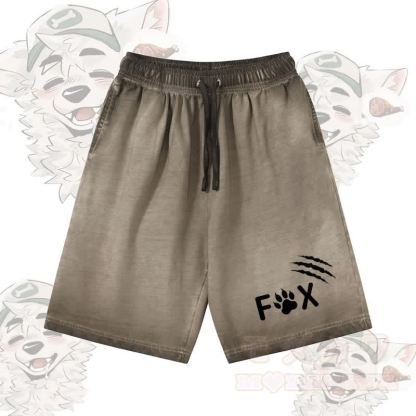 キツネの足跡グラフィック入りModakawa 100%綿グラデーション ヴィンテージウォッシュ加工 ダメージ加工 ショートパンツ - オリーブグリーン - 5XL - image 3