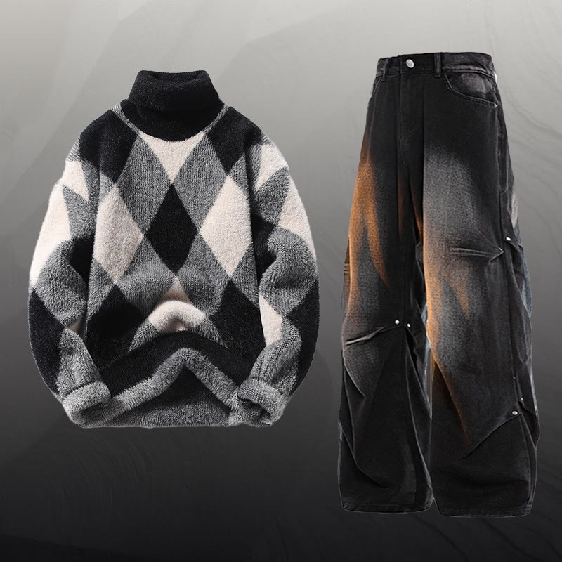 チェック柄ファジーニットセーターデニムパンツツーピース - Set E - 3XL - image 5