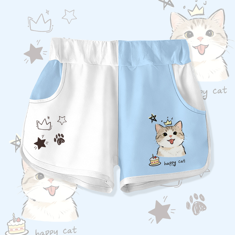 HAPPYキャット 猫ケーキ グラフィックModakawaカラーブロック ショートパンツ - White & Blue - 5XL - image 2