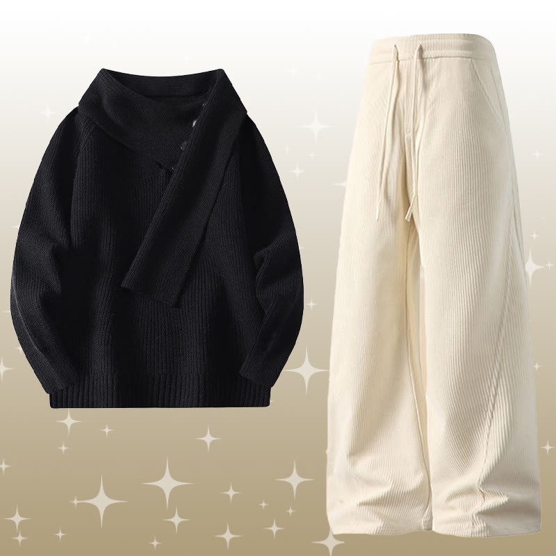 イレギュラーニットセーター コーデュロイパンツ ツーピース - Set D - 4XL - image 4