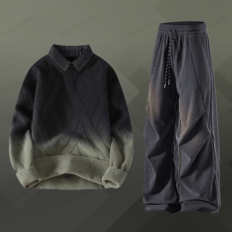 フェイクレイヤードニットセーター コーデュロイパンツ ツーピース - セットL - 3XL - image 12