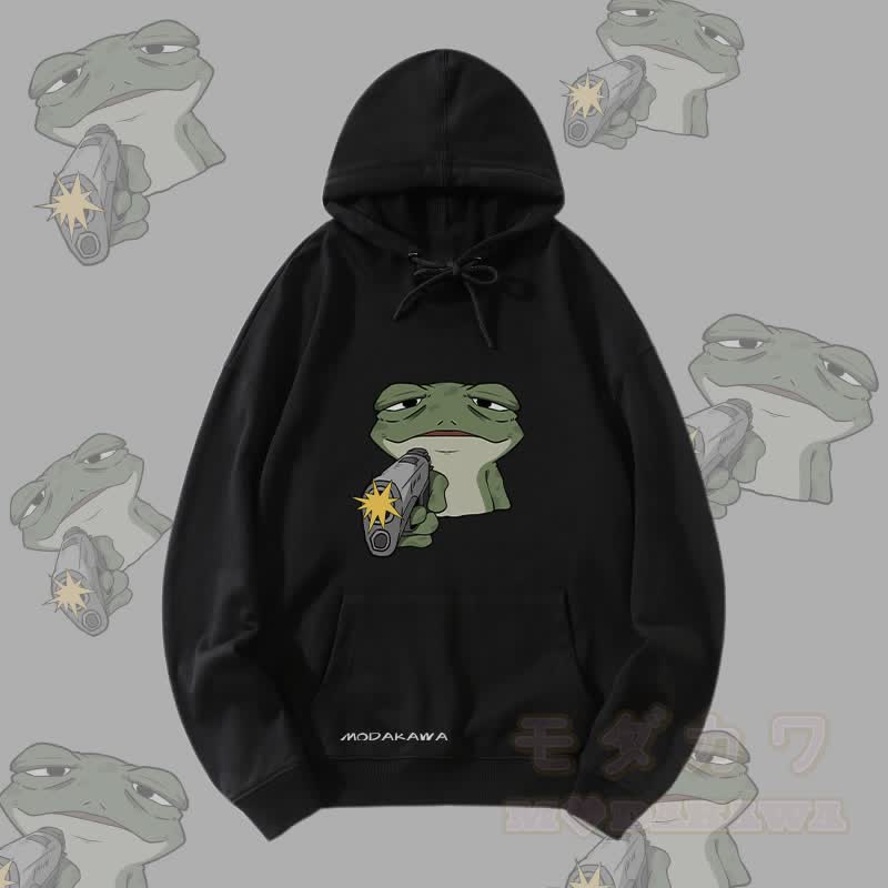 MODAKAWA 銃を持ったカエルのグラフィック ストリートウェア プルオーバー パーカー - 黒 - 5XL - image 4