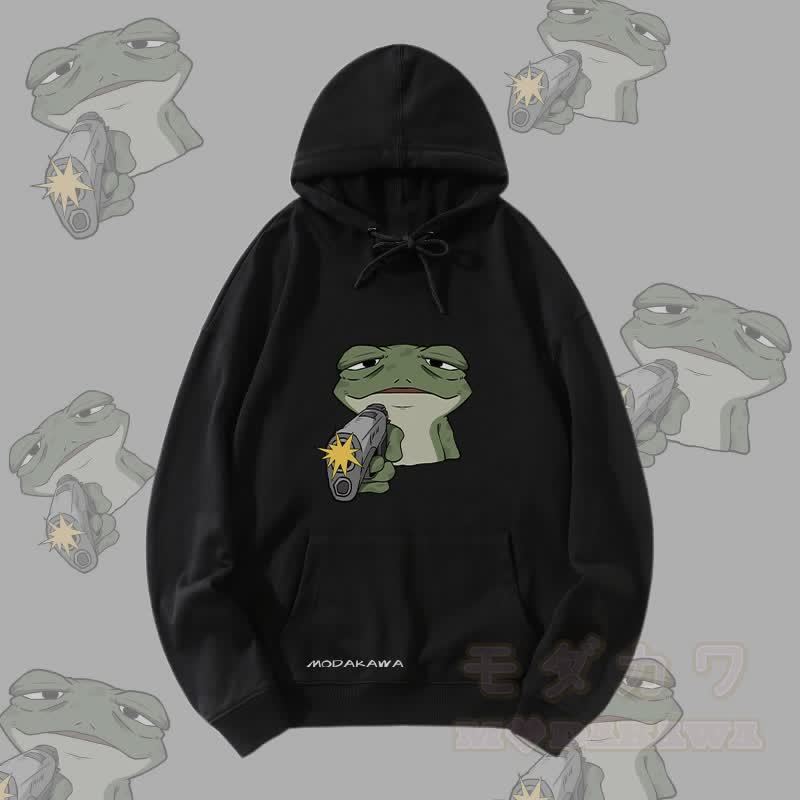 MODAKAWA 銃を持ったカエルのグラフィック ストリートウェア プルオーバー パーカー - 黒 - 5XL - image 4