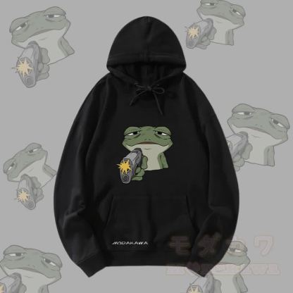 MODAKAWA 銃を持ったカエルのグラフィック ストリートウェア プルオーバー パーカー - 黒 - 5XL - image 4