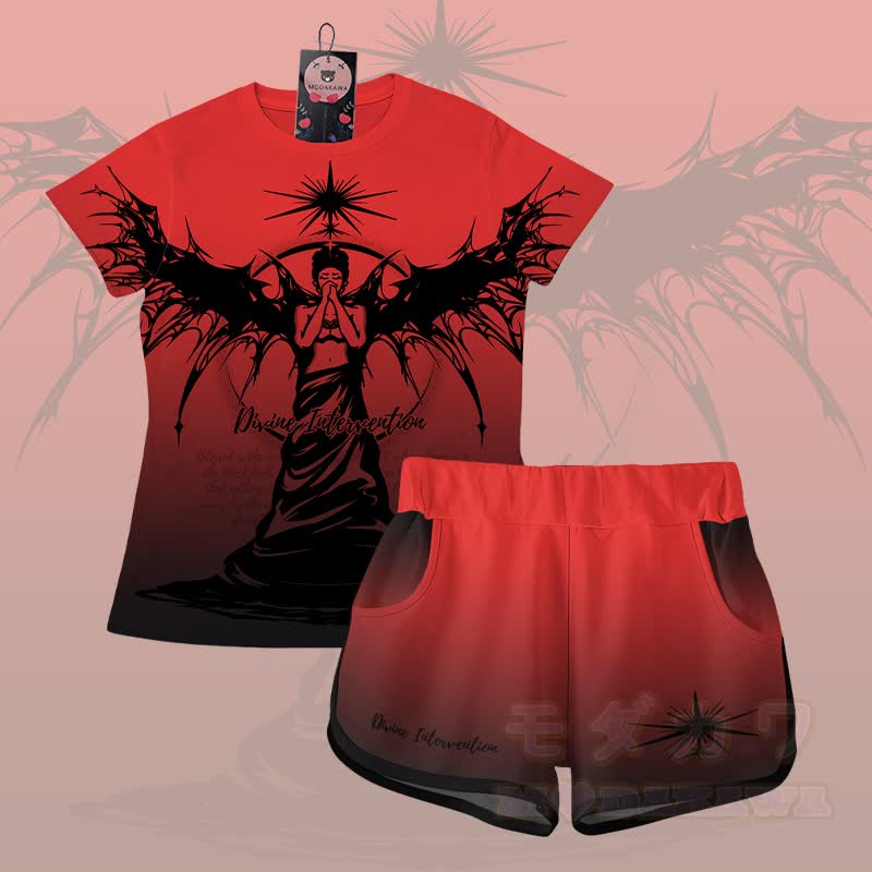DIVINE INTERVENTION エンジェルグラフィックグラデーションTシャツショーツModakawaマッチングアウトフィット - セットC - 5XL - image 3