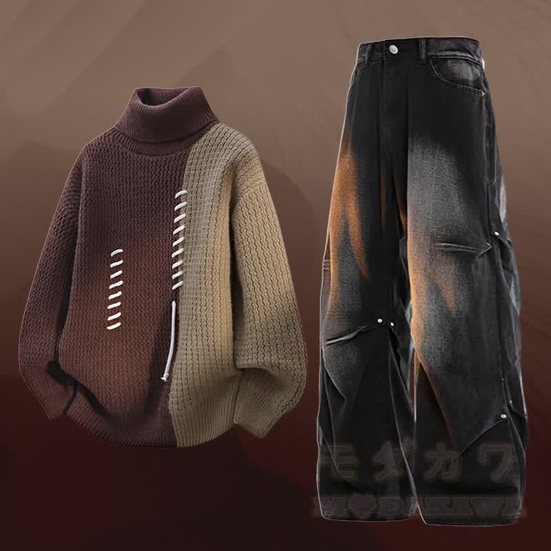 タートルネックカラーブロック フリース裏地 セーター デニムパンツ ツーピース - セットC - 3XL - image 3