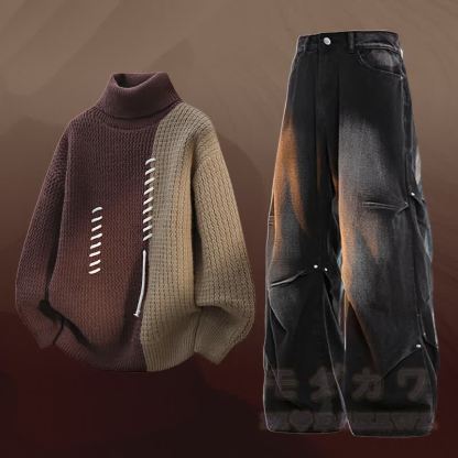 タートルネックカラーブロック フリース裏地 セーター デニムパンツ ツーピース - セットC - 3XL - image 3